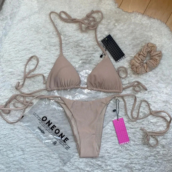 NWT OneOne Swimwear SET Bikini Ariel Sand Nude Beige Cheeky Triangle New Neutral - Picture 2 of 6